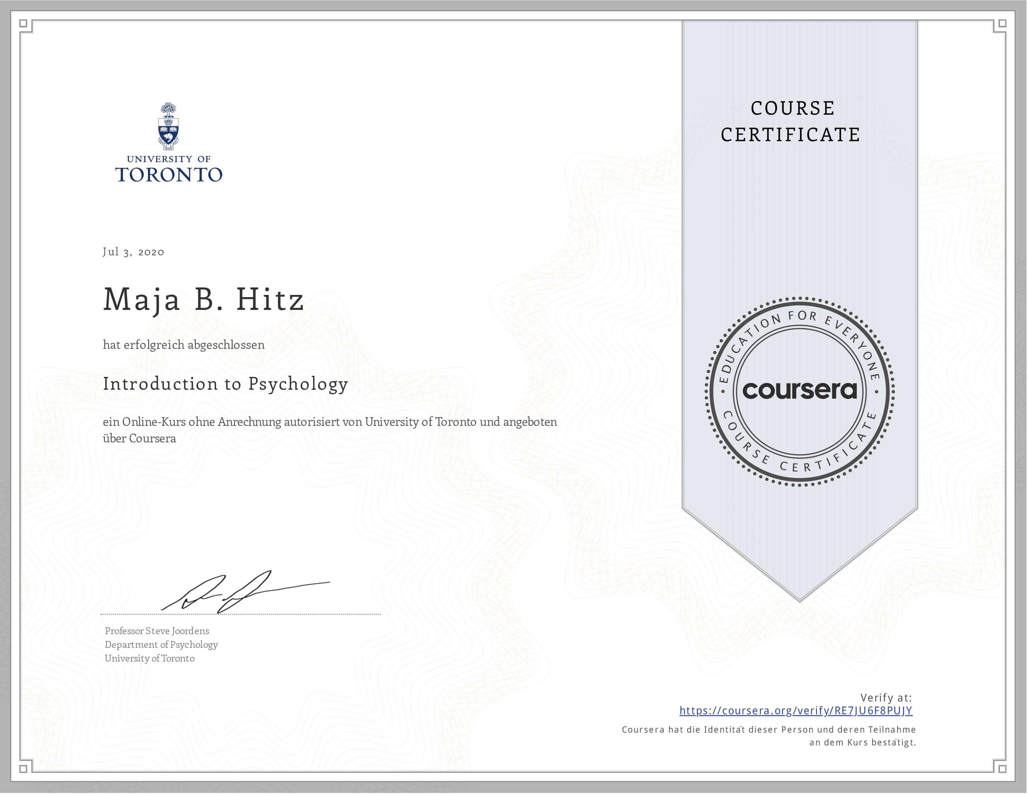 Certificate Introduction to Psychology (Toronto)