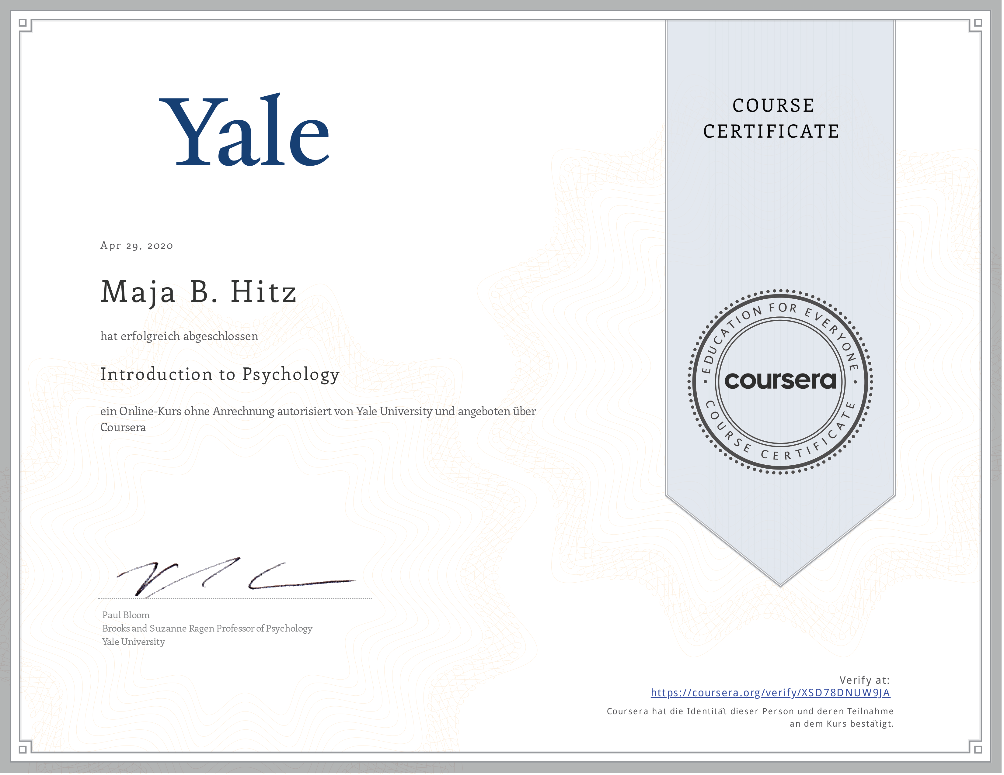 Certificate Introduction to Psychology (Yale)
