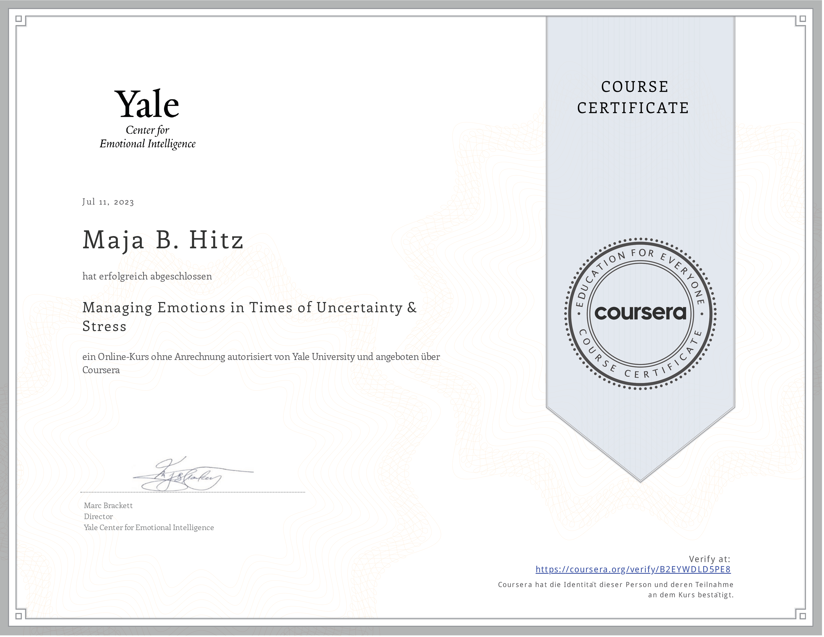 Certificate Managing Emotions in Times of Uncertainty & Stress