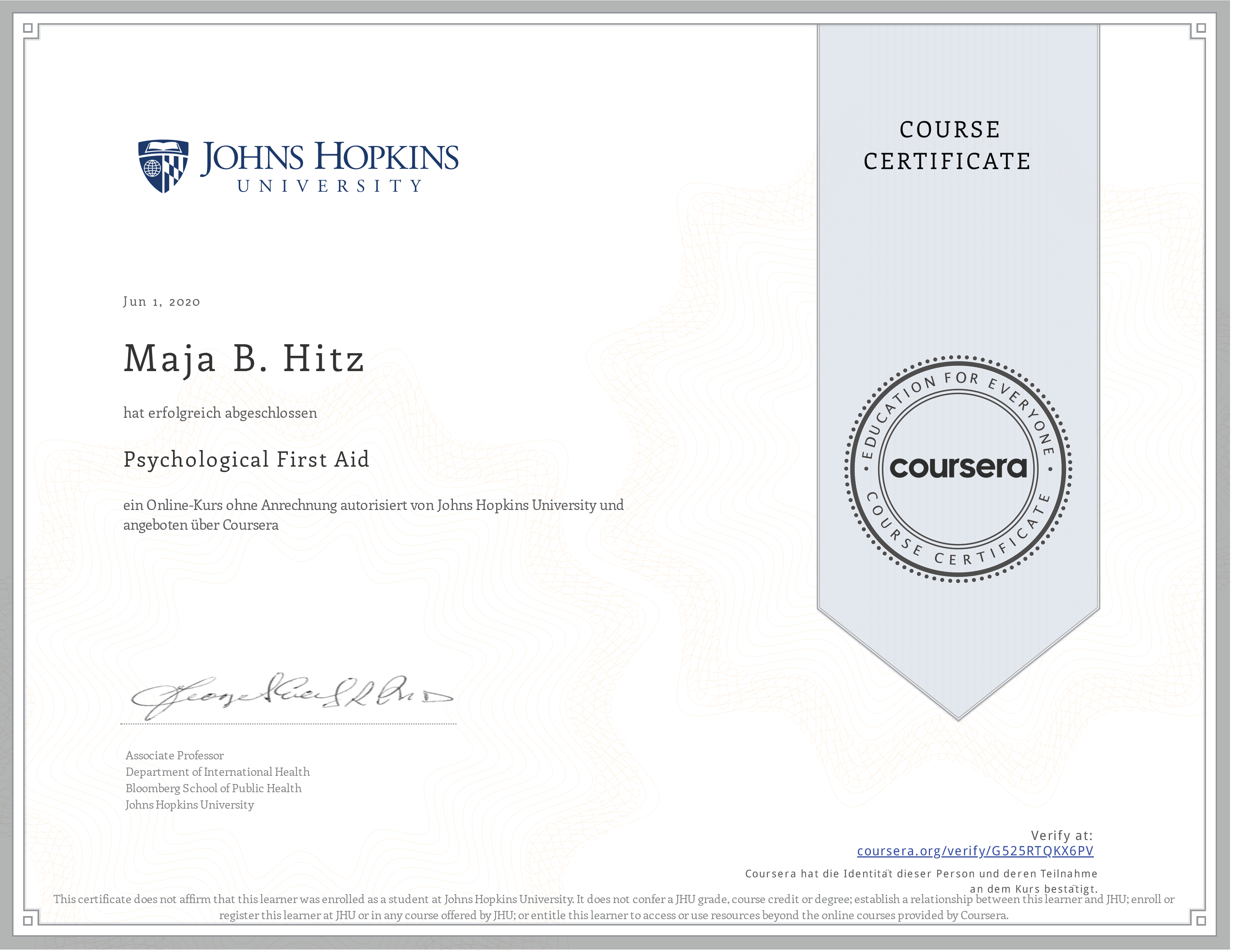 Certificate Psychological Firest Aid (Johns Hopkins)