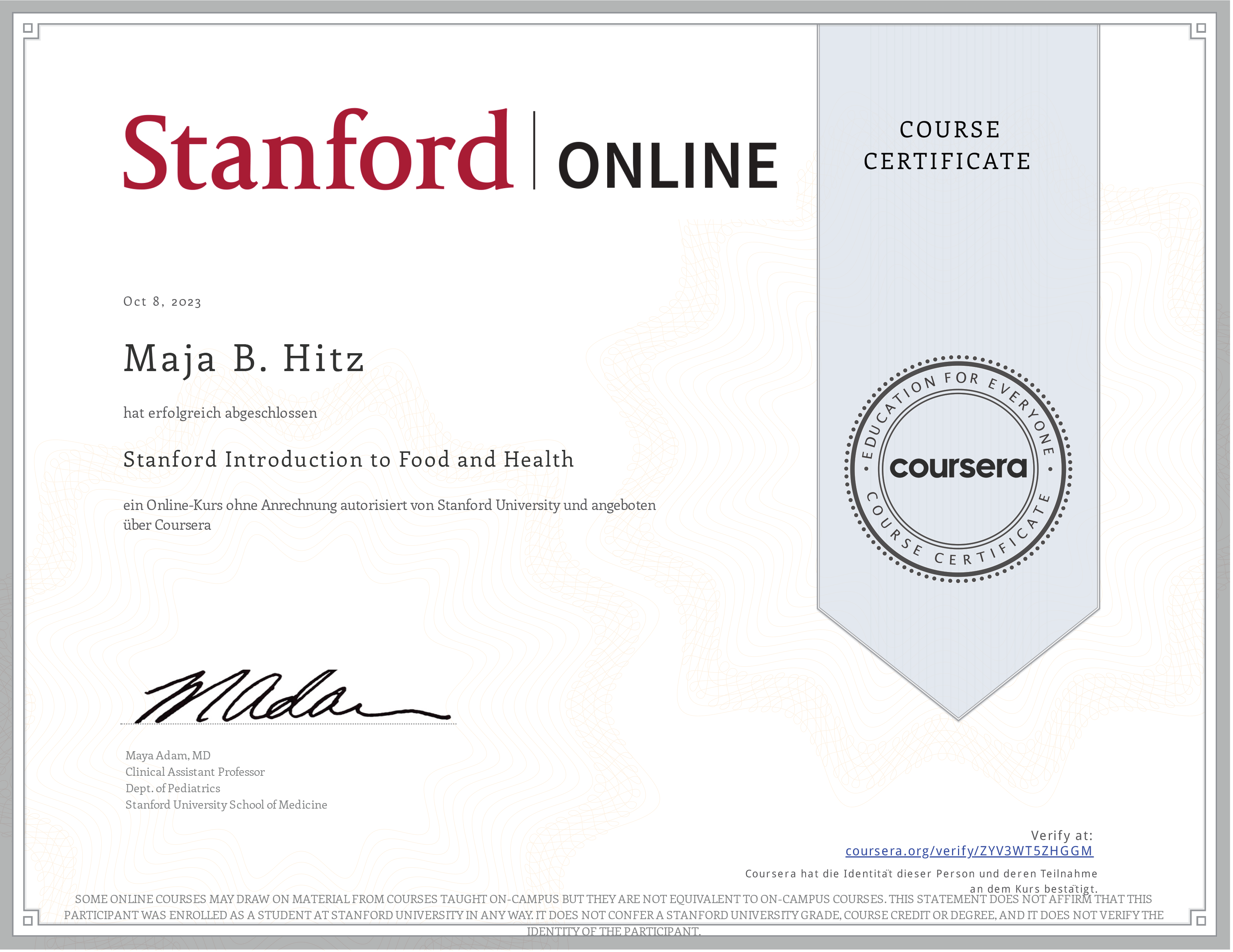 Certificate Stanford Introduction to Food and Health