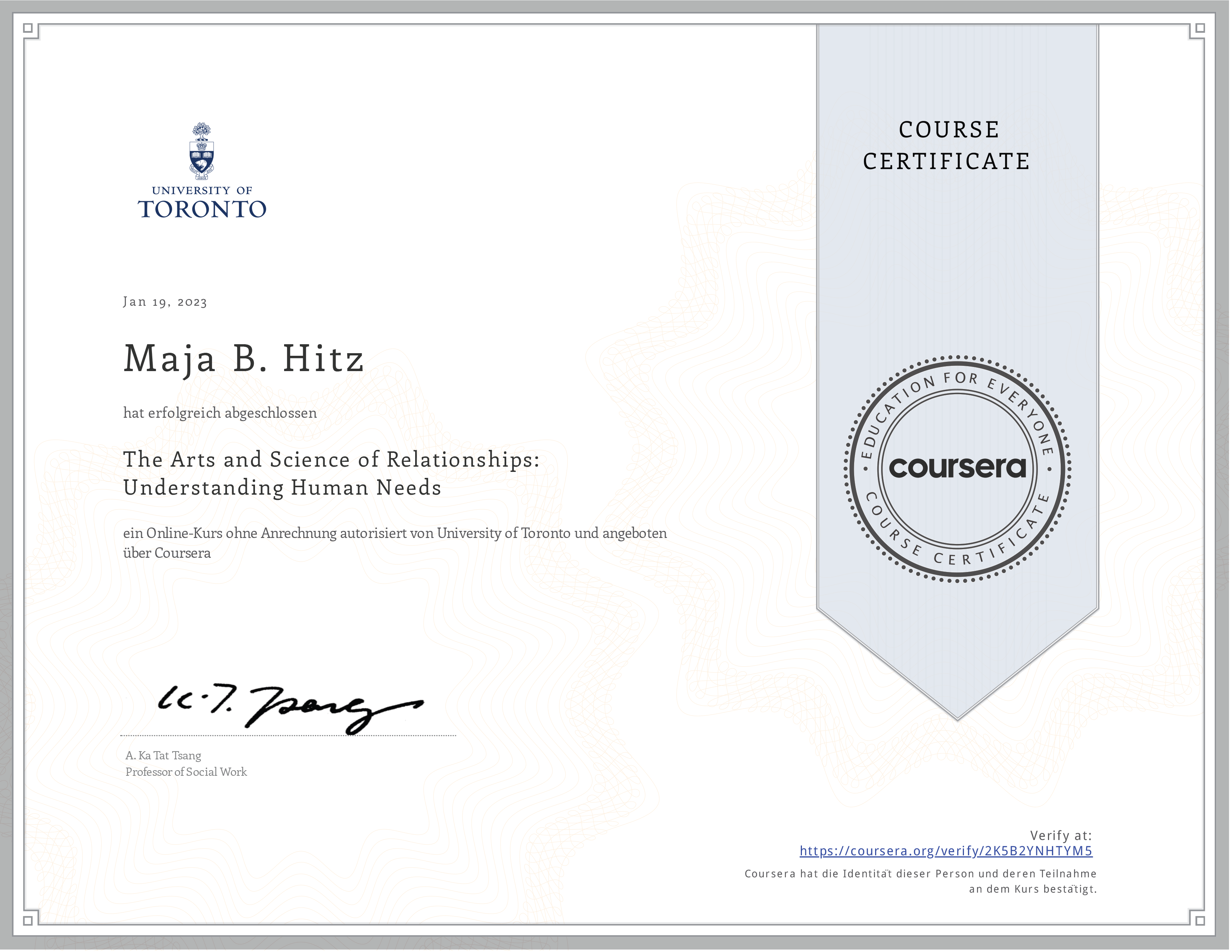 Certificate The Arts and Science of Relationships Understanding Human Needs